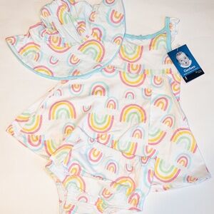 3 PIECE Set Baby Girls of Rainbow Dress, Diaper Cover and Hat Set